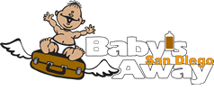 logo of happy baby on a suitcase with wings baby away san diego